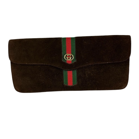 Rare Vintage GUCCI Accessory Collection Brown Suede Leather Clutch Bag Stripes - Picture 1 of 16